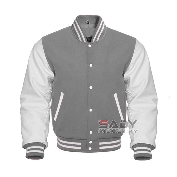 Bomber Jacket Varsity Letterman Baseball in Grey Wool and Genuine White Leather - Picture 6 of 8